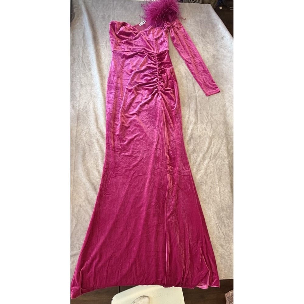 Fashion Nova One More Night Velvet Maxi Dress Pink One Shoulder Feather Gown Med